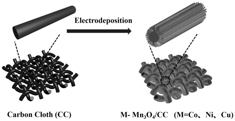 一种基于碳布生长的过渡金属离子掺杂四氧化三锰纳米片阵列及其制备方法和应用