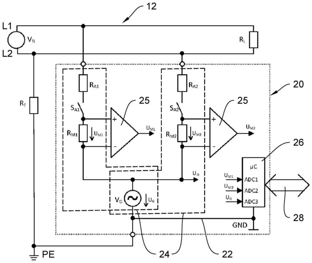 具有有源测量电压用于确定未接地供电系统中相对于接地电势的绝缘电阻的电路布置