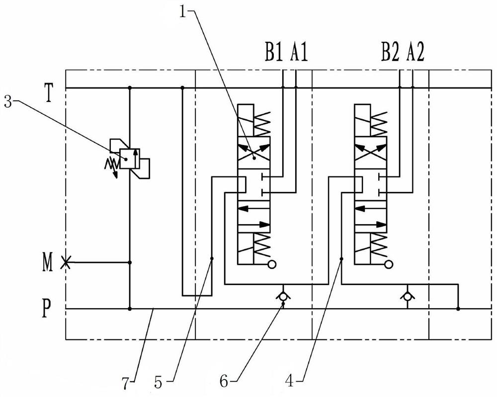 带复合动作保护的串联型三位四通液压换向回路